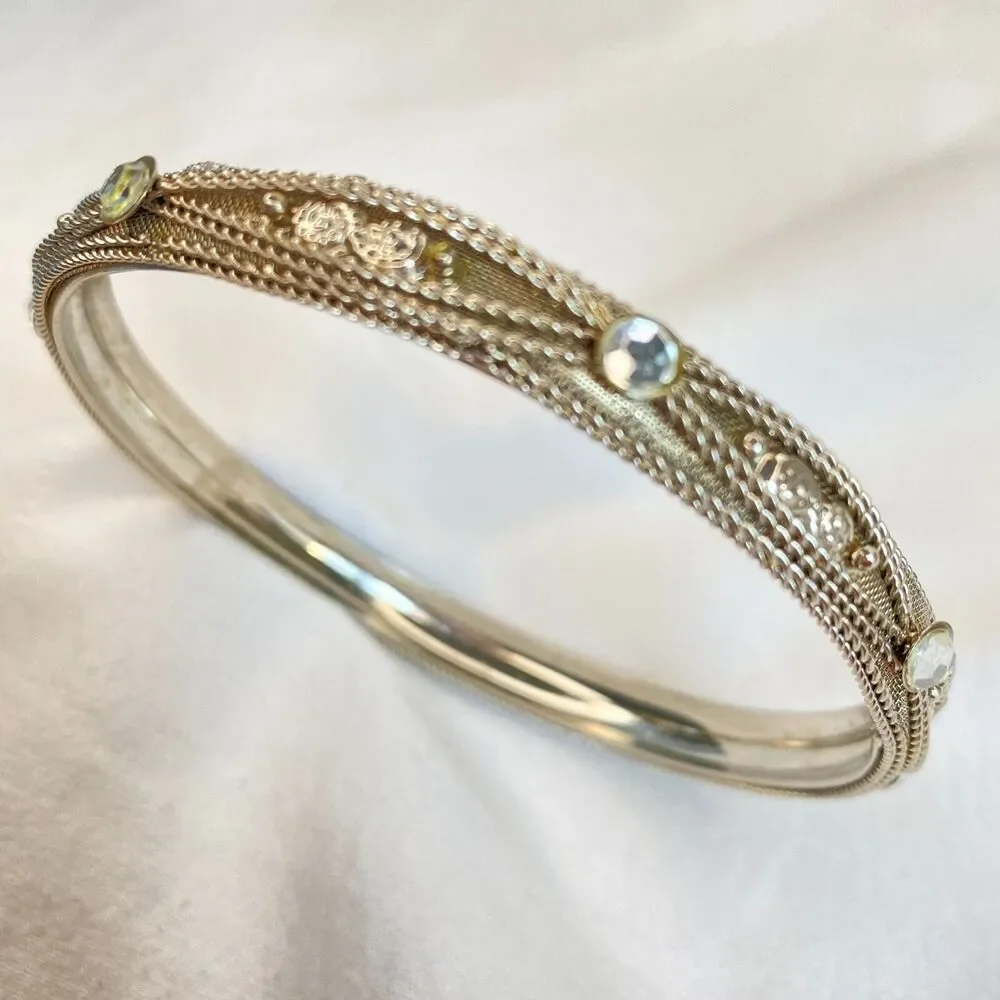 Silver Tone Ornate Bangle Clear Rhinestones and Filigree Embellishments